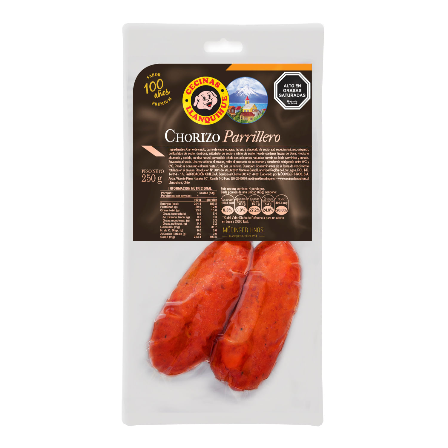 Chorizo Parrillero Llanquihue 250 g, 4 Unidades 