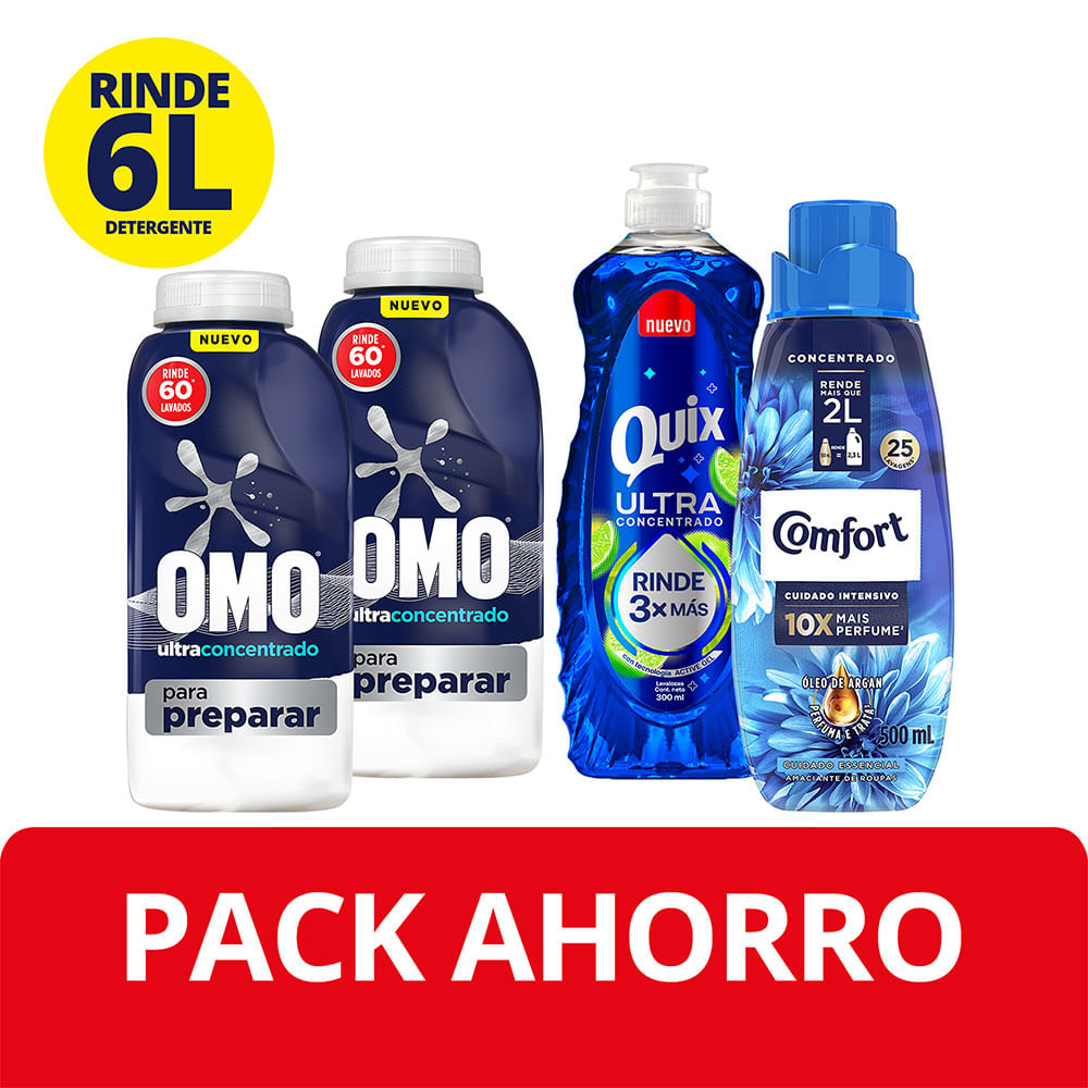 Pack2un.DetergenteLíquidoOmoDiluible500mlRinde3L+QuixUltra300ml+Comfort500ml